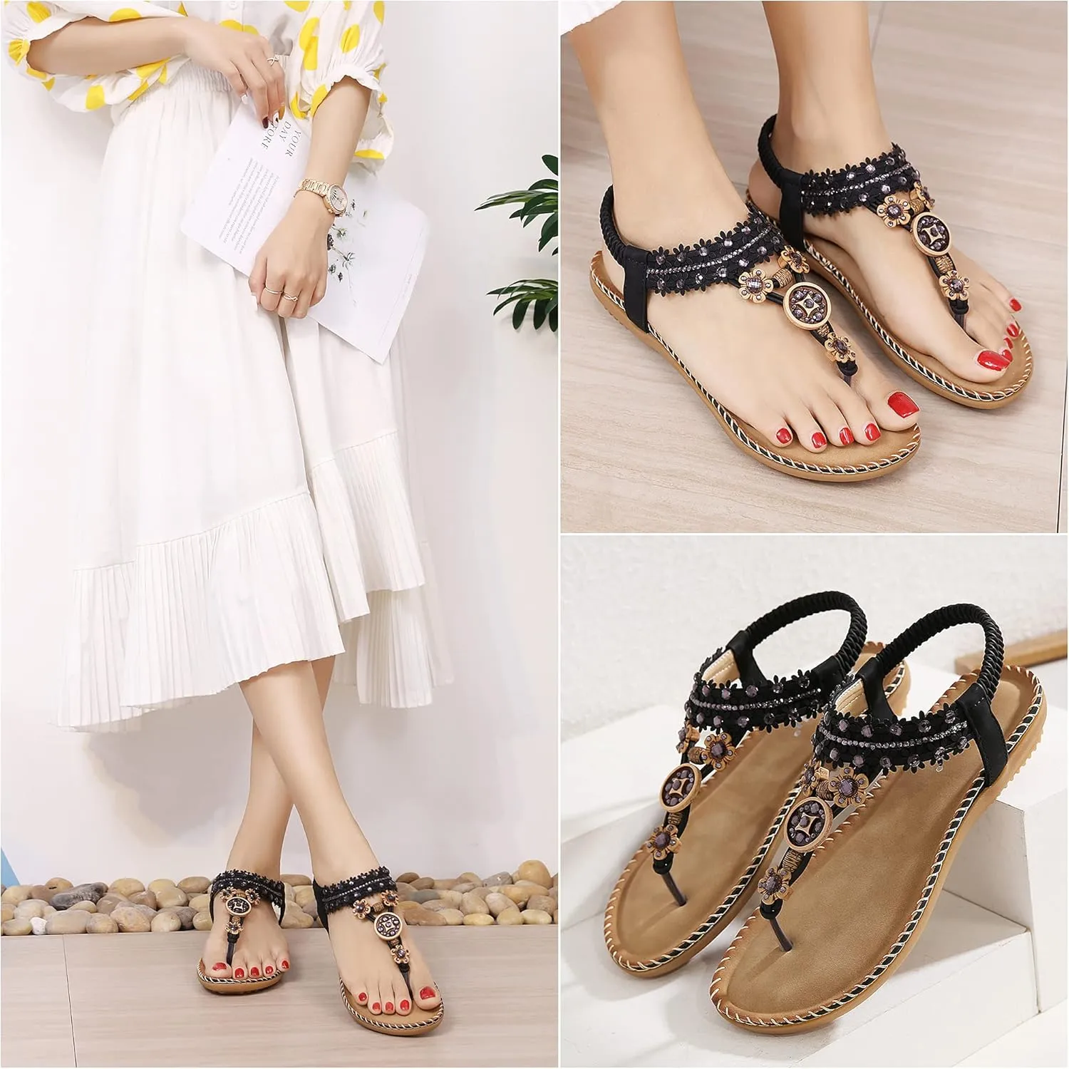 Women's Wedding Sandals Crystal with Rhinestone Beaded Bohemian Dress Flip-flop Gladiator Shoes Plus-size