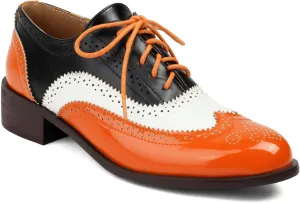 Women's Wingtips Lace Up Chunky Low Heels Oxfords Colorful Brogue Pumps Closed Toe Vintage Perforated Derby Dress Leather Shoes