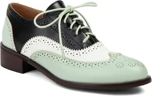 Women's Wingtips Lace Up Chunky Low Heels Oxfords Colorful Brogue Pumps Closed Toe Vintage Perforated Derby Dress Leather Shoes