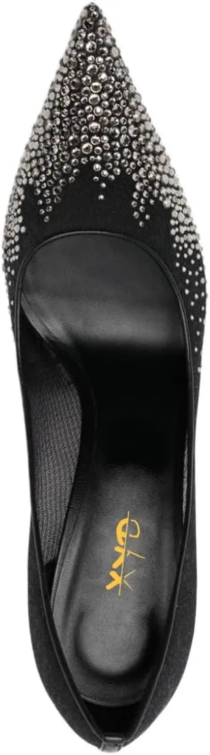 XYD Women Elegant High Heel Pumps Rhinestones Crystals Mesh Slip On Pointed Toe Evening Bridal Shoes