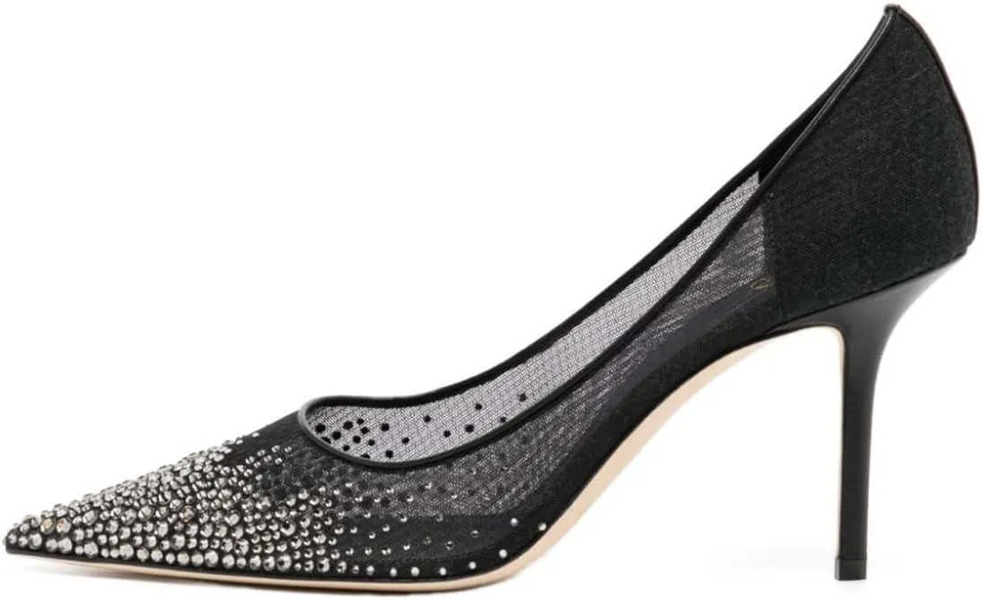 XYD Women Elegant High Heel Pumps Rhinestones Crystals Mesh Slip On Pointed Toe Evening Bridal Shoes