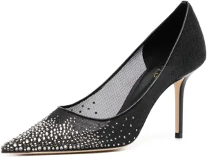 XYD Women Elegant High Heel Pumps Rhinestones Crystals Mesh Slip On Pointed Toe Evening Bridal Shoes