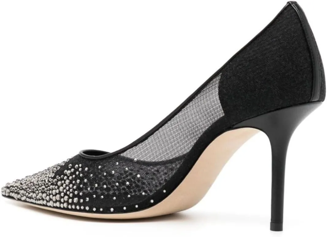 XYD Women Elegant High Heel Pumps Rhinestones Crystals Mesh Slip On Pointed Toe Evening Bridal Shoes