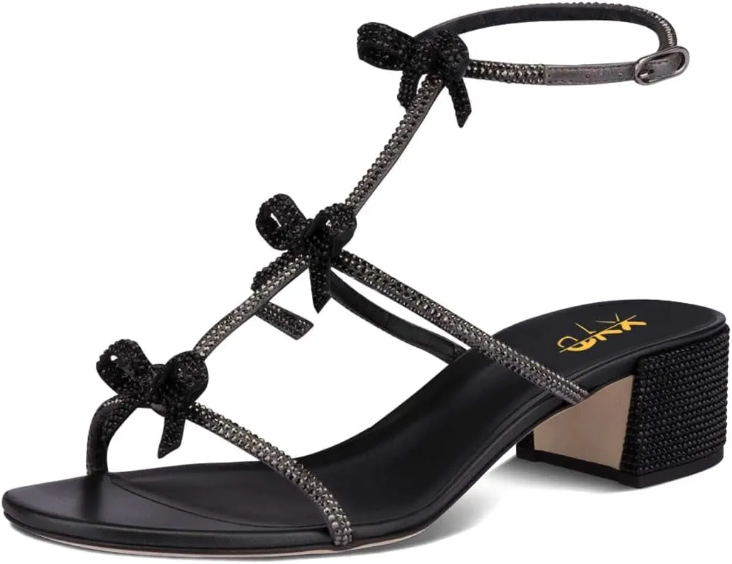 XYD Women Gladiator Rhinestone Crystals Block Chunky Heels Open Toe Sandals Crossover Strap Bow Knots Cutout Party Evening Date Shoes