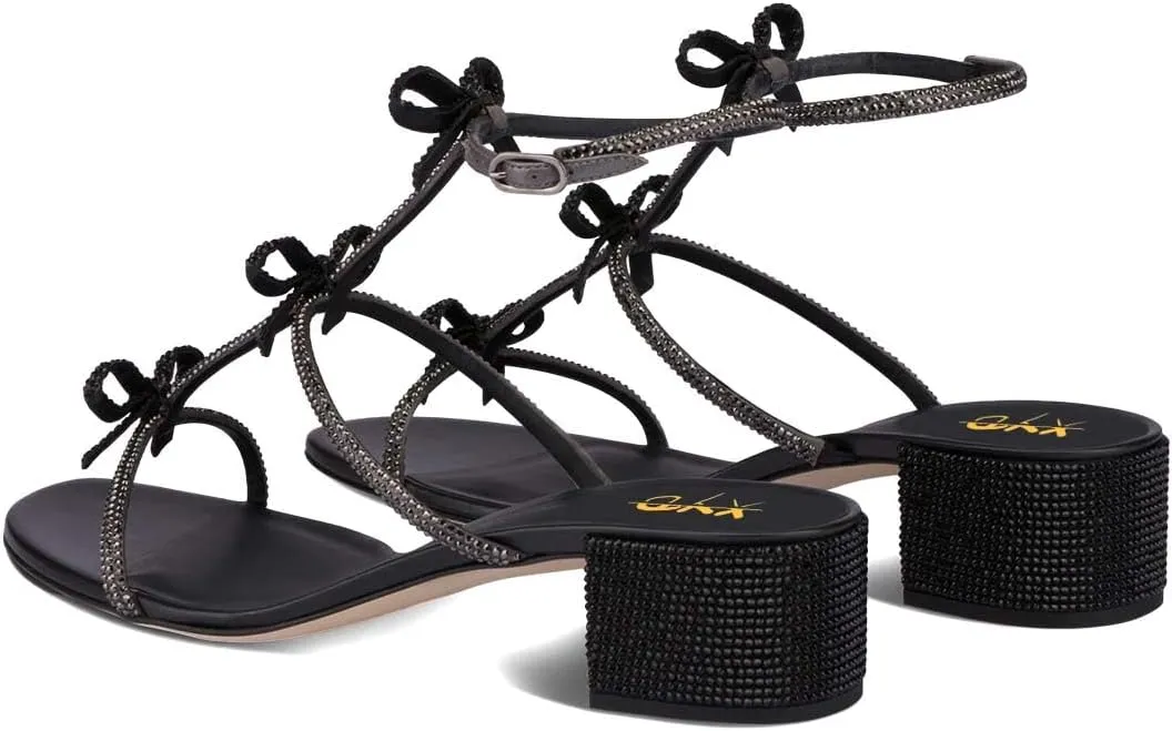 XYD Women Gladiator Rhinestone Crystals Block Chunky Heels Open Toe Sandals Crossover Strap Bow Knots Cutout Party Evening Date Shoes
