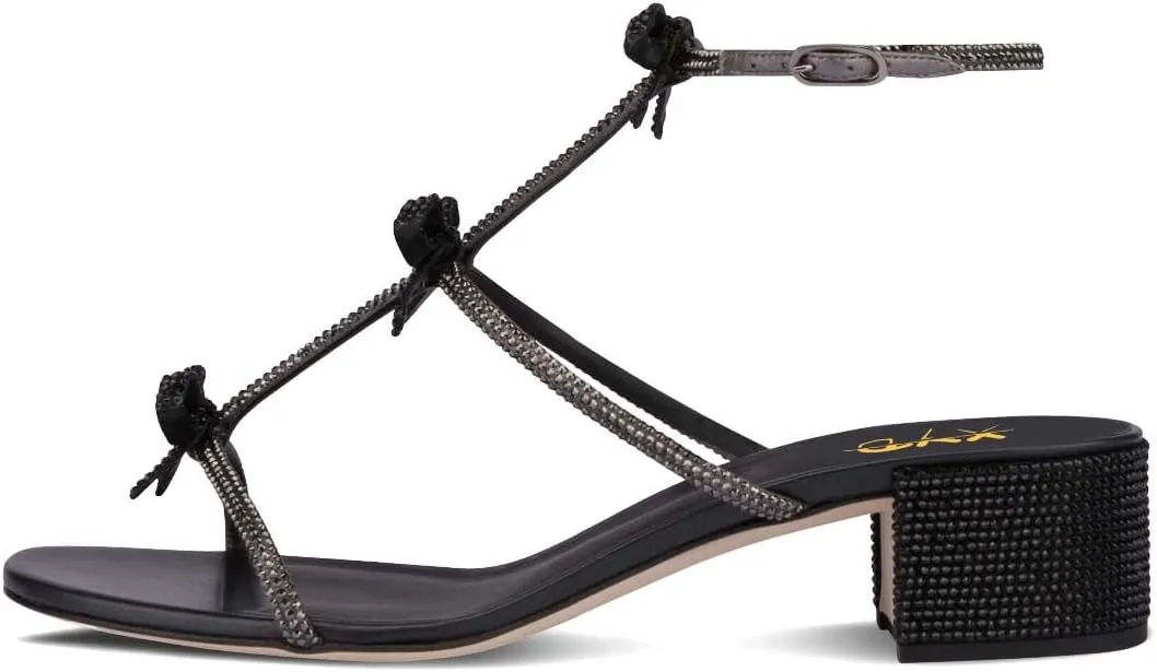 XYD Women Gladiator Rhinestone Crystals Block Chunky Heels Open Toe Sandals Crossover Strap Bow Knots Cutout Party Evening Date Shoes