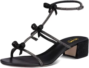 XYD Women Gladiator Rhinestone Crystals Block Chunky Heels Open Toe Sandals Crossover Strap Bow Knots Cutout Party Evening Date Shoes