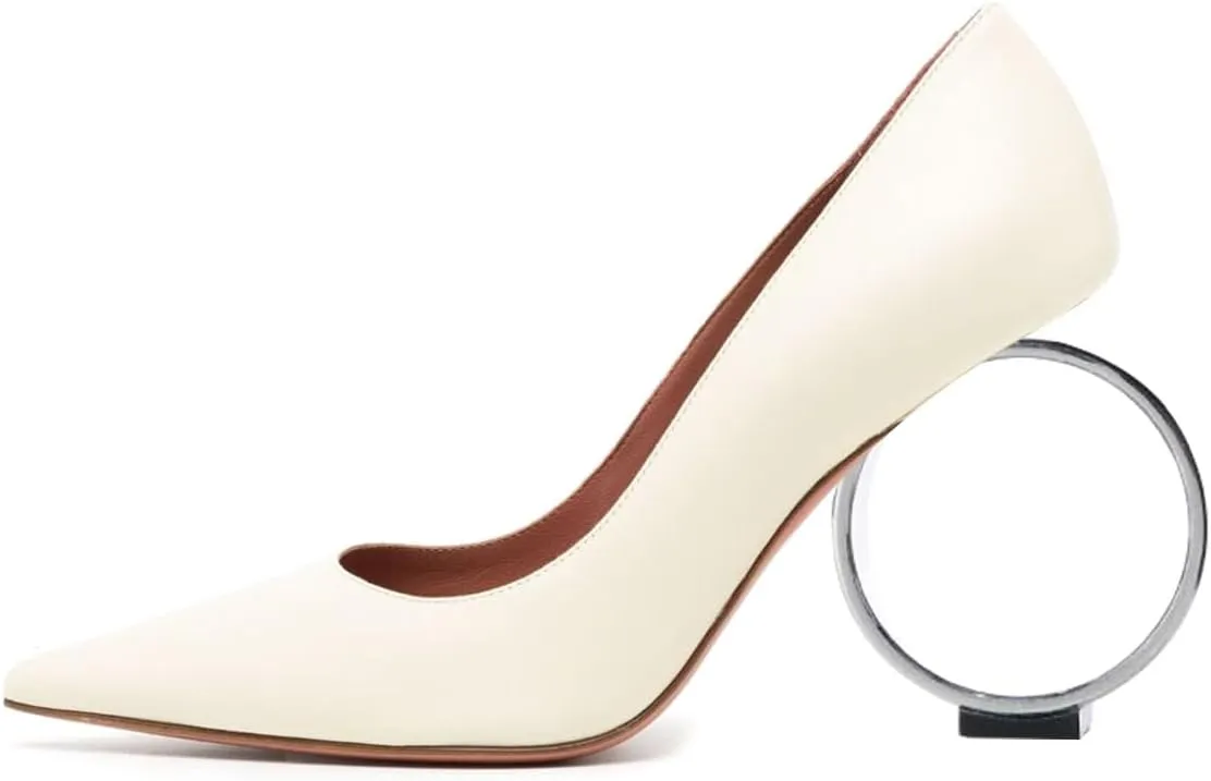 XYD Women Metal Circular High Heel Closed Pointed Toe Pumps Slip-on Office Formal Party Chic Shoes