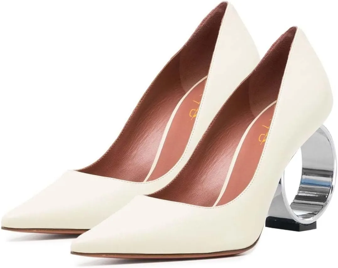 XYD Women Metal Circular High Heel Closed Pointed Toe Pumps Slip-on Office Formal Party Chic Shoes