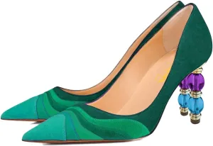 XYD Women Wave Pattern Pointed Toe Slip On Party Pumps Jewelry High Heel Colorful Rainbow Slip On Chic Dress Shoes