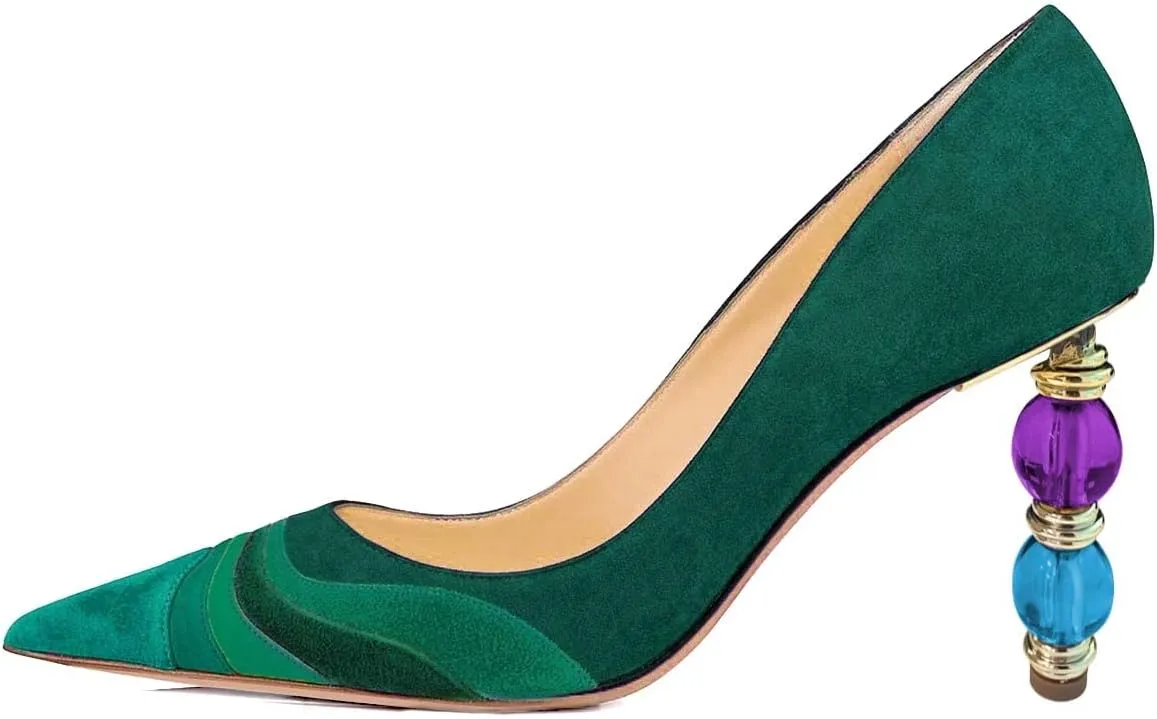 XYD Women Wave Pattern Pointed Toe Slip On Party Pumps Jewelry High Heel Colorful Rainbow Slip On Chic Dress Shoes
