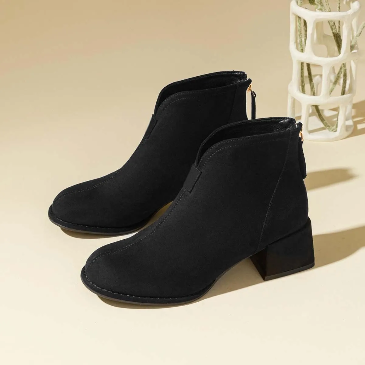 XYD Women's Comfort Classic Chelsea Boots Ankle High Chunky Block Heel Faux Suede Slip On Casual Fashion Round Toe Booties with Back Zipper