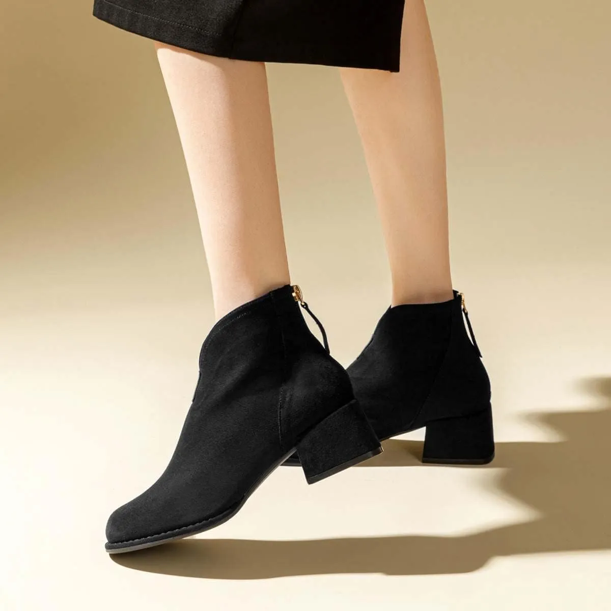 XYD Women's Comfort Classic Chelsea Boots Ankle High Chunky Block Heel Faux Suede Slip On Casual Fashion Round Toe Booties with Back Zipper