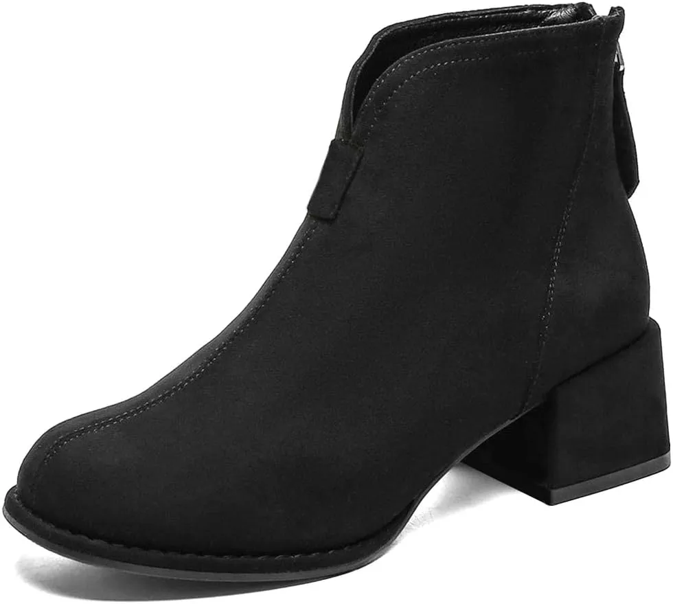 XYD Women's Comfort Classic Chelsea Boots Ankle High Chunky Block Heel Faux Suede Slip On Casual Fashion Round Toe Booties with Back Zipper