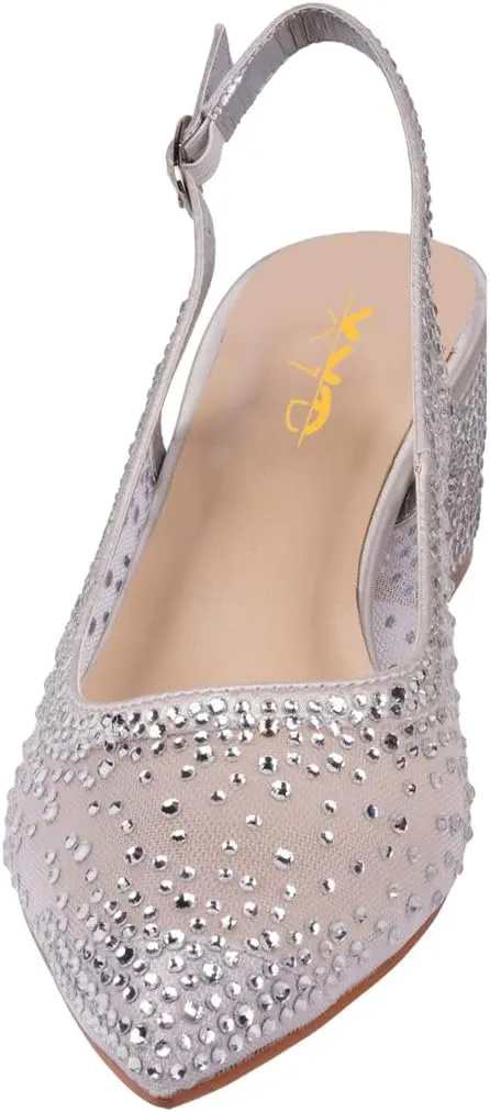 XYD Women's Elegant Rhinestone Pumps Sheer Mesh Slingback Block Low Heels Pointed Toe Slip On Crystal Bridal Wedding Shoes