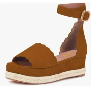 YDN Brown Open Toe Platform Espadrille Sandals Ankle Strap Wedge Heel Wavy Shoes