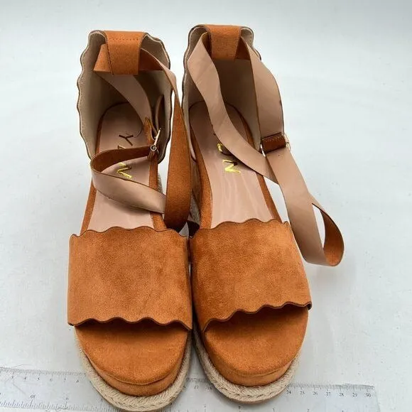YDN Brown Open Toe Platform Espadrille Sandals Ankle Strap Wedge Heel Wavy Shoes