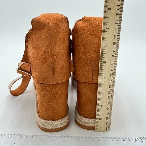 YDN Brown Open Toe Platform Espadrille Sandals Ankle Strap Wedge Heel Wavy Shoes