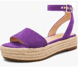 YDN Women Open Toe Ankle Strap Wedge Low Heel Espadrille Sandals Platform Purple