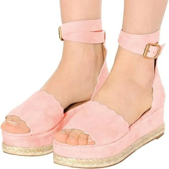 YDN Women Open Toe Platform Espadrille Sandals Ankle Strap Wedge Heel Pumps Wavy
