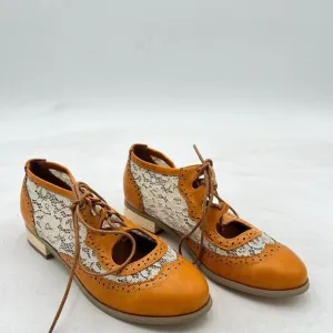 Yellow Women's Stacked Heel Wingtip Oxfords Ladies Comfortable Lace-up Leather