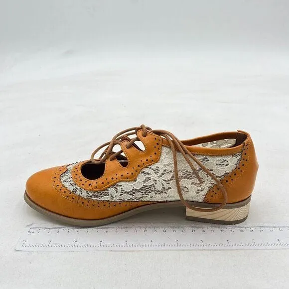 Yellow Women's Stacked Heel Wingtip Oxfords Ladies Comfortable Lace-up Leather