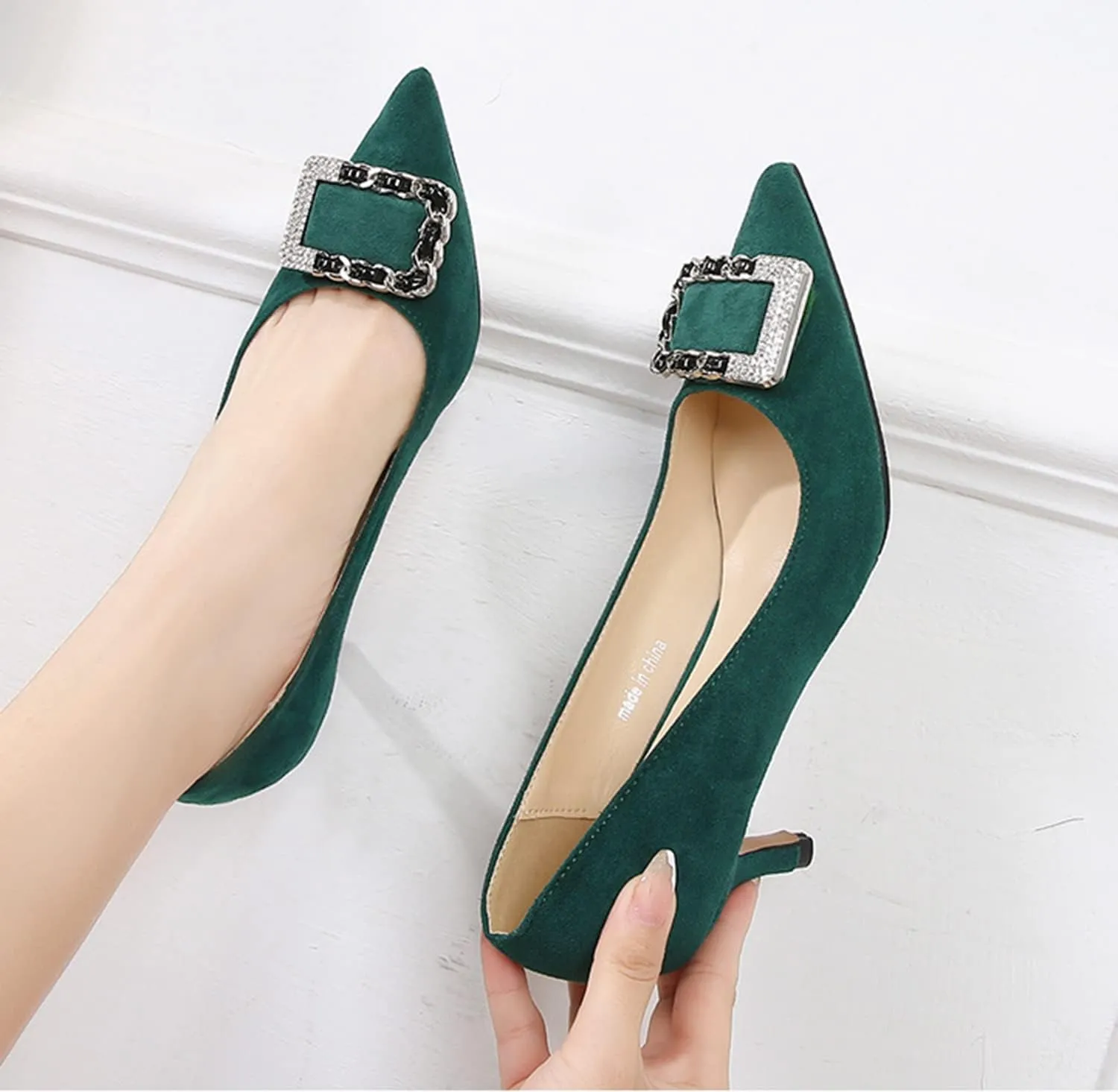 YHTootW Women's Classic Suede Pointed Toe Kitten Heels Slim Slip on High Heel Pumps with Big Metal Rhinestone Square Buckle Office Work Dress Shoes Low Heels