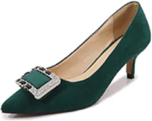 YHTootW Women's Classic Suede Pointed Toe Kitten Heels Slim Slip on High Heel Pumps with Big Metal Rhinestone Square Buckle Office Work Dress Shoes Low Heels