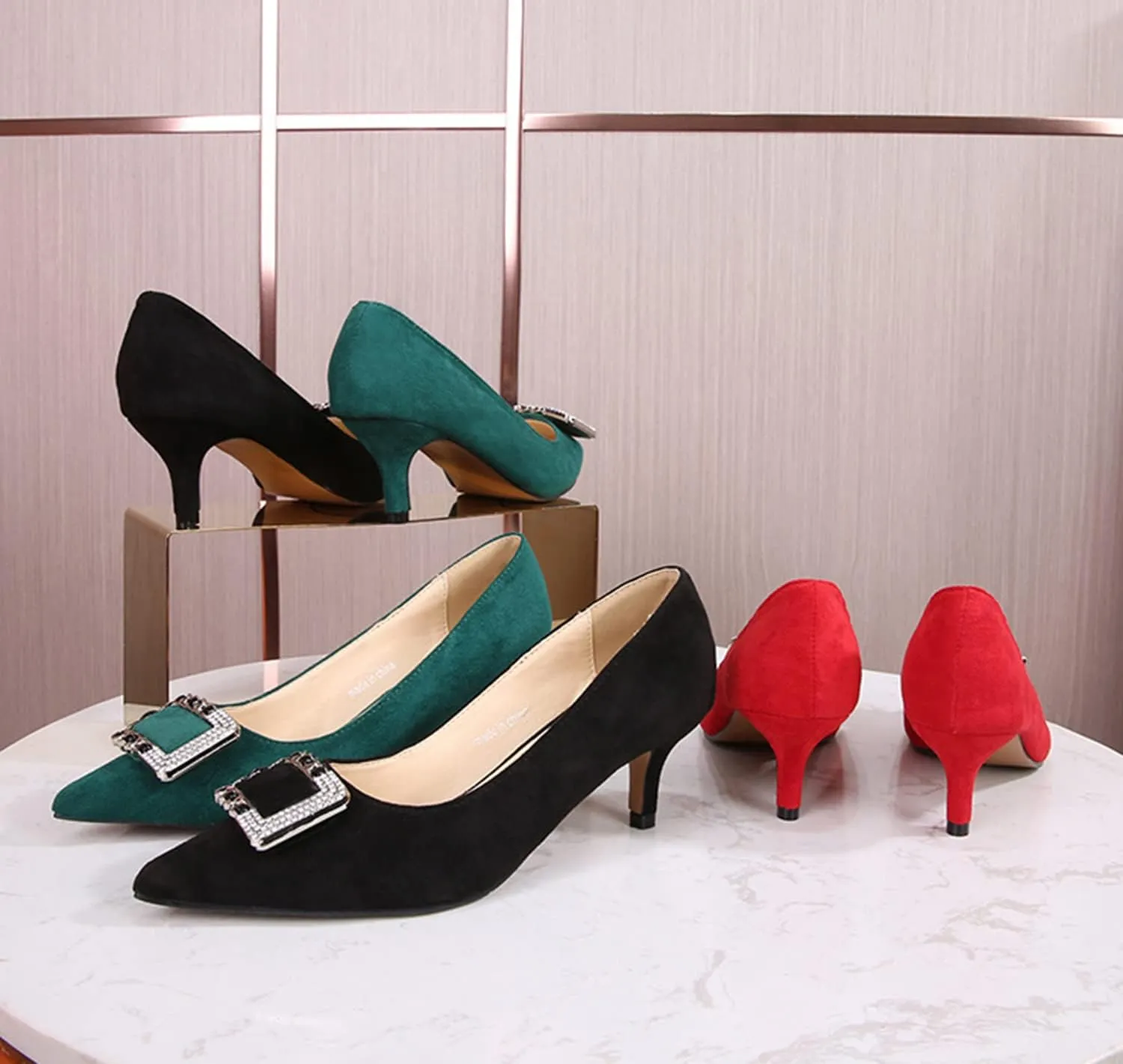 YHTootW Women's Classic Suede Pointed Toe Kitten Heels Slim Slip on High Heel Pumps with Big Metal Rhinestone Square Buckle Office Work Dress Shoes Low Heels