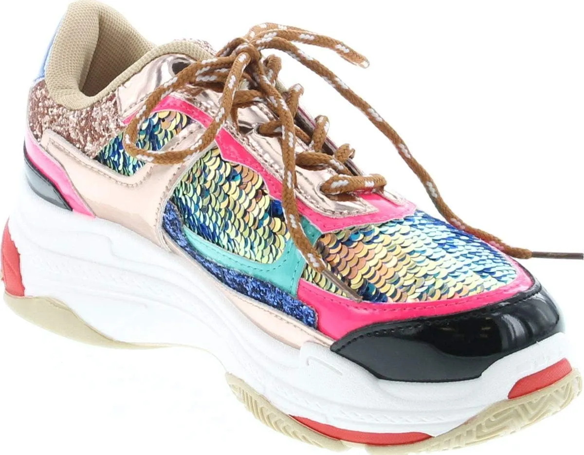 Yoki Tubuler-04 Women's Chunky Trainer Sequin Lace Up Fashion Sneaker White