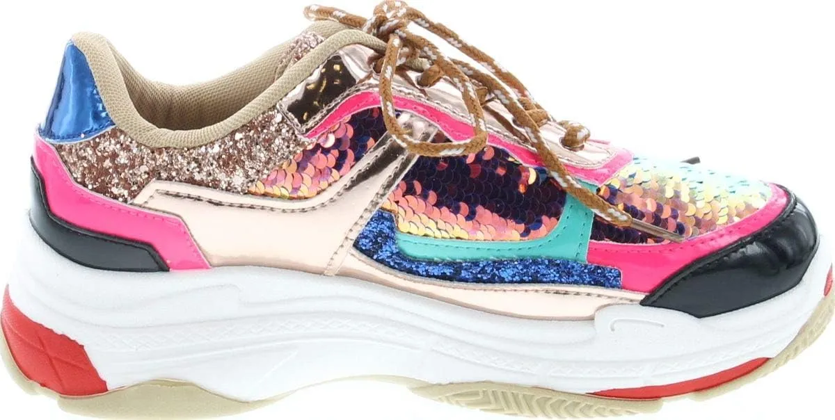 Yoki Tubuler-04 Women's Chunky Trainer Sequin Lace Up Fashion Sneaker White