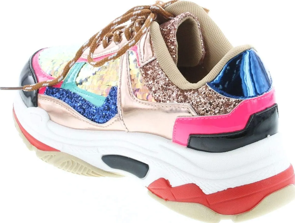 Yoki Tubuler-04 Women's Chunky Trainer Sequin Lace Up Fashion Sneaker White