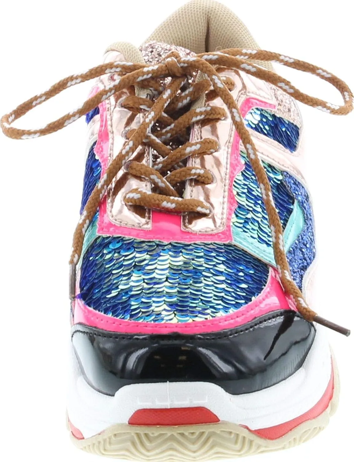 Yoki Tubuler-04 Women's Chunky Trainer Sequin Lace Up Fashion Sneaker White