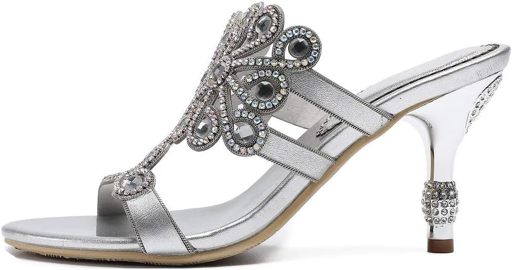 YooPrettyz Women Flowers Cutout Sandal High Heels Rhinestone Wedding Dress Shoes