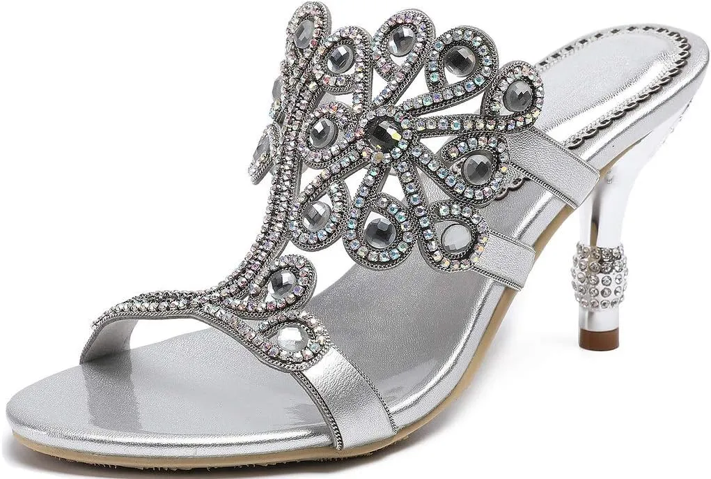 YooPrettyz Women Flowers Cutout Sandal High Heels Rhinestone Wedding Dress Shoes