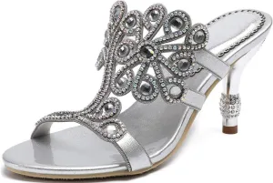 YooPrettyz Women Flowers Cutout Sandal High Heels Rhinestone Wedding Dress Shoes