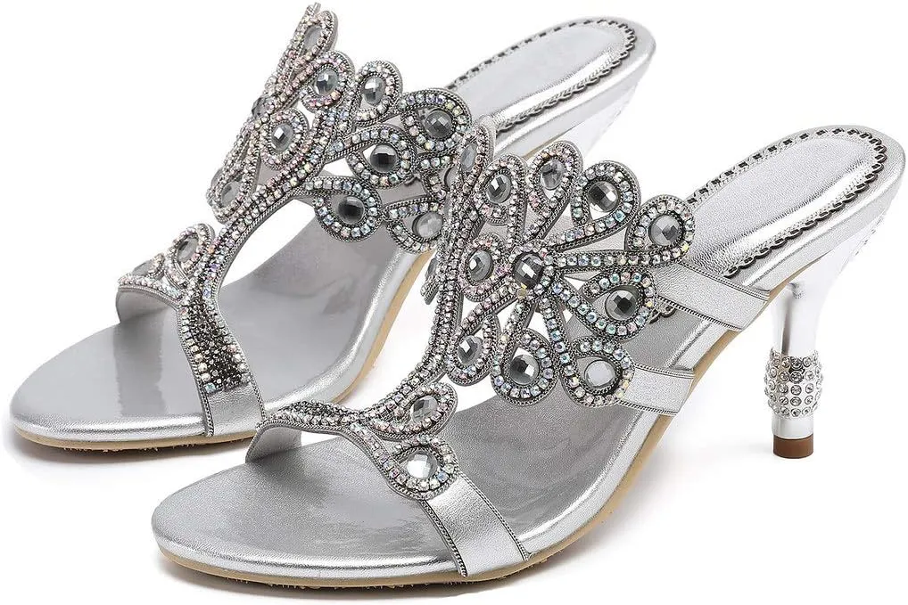 YooPrettyz Women Flowers Cutout Sandal High Heels Rhinestone Wedding Dress Shoes